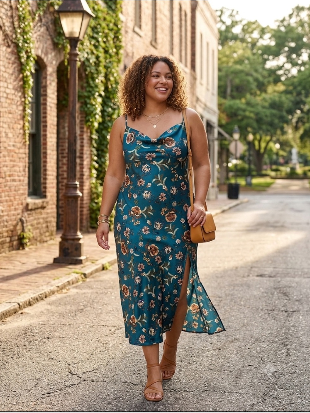 (NWT) Charlotte Russe Teal Floral Satin Cowl Neck Maxi Slip Dress Sized Large